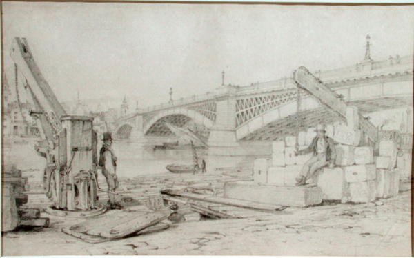 Widok na most Southwark i Tamizę od strony Bankside, z dwoma wieżami na pierwszym planie autorstwa Edward William Cooke