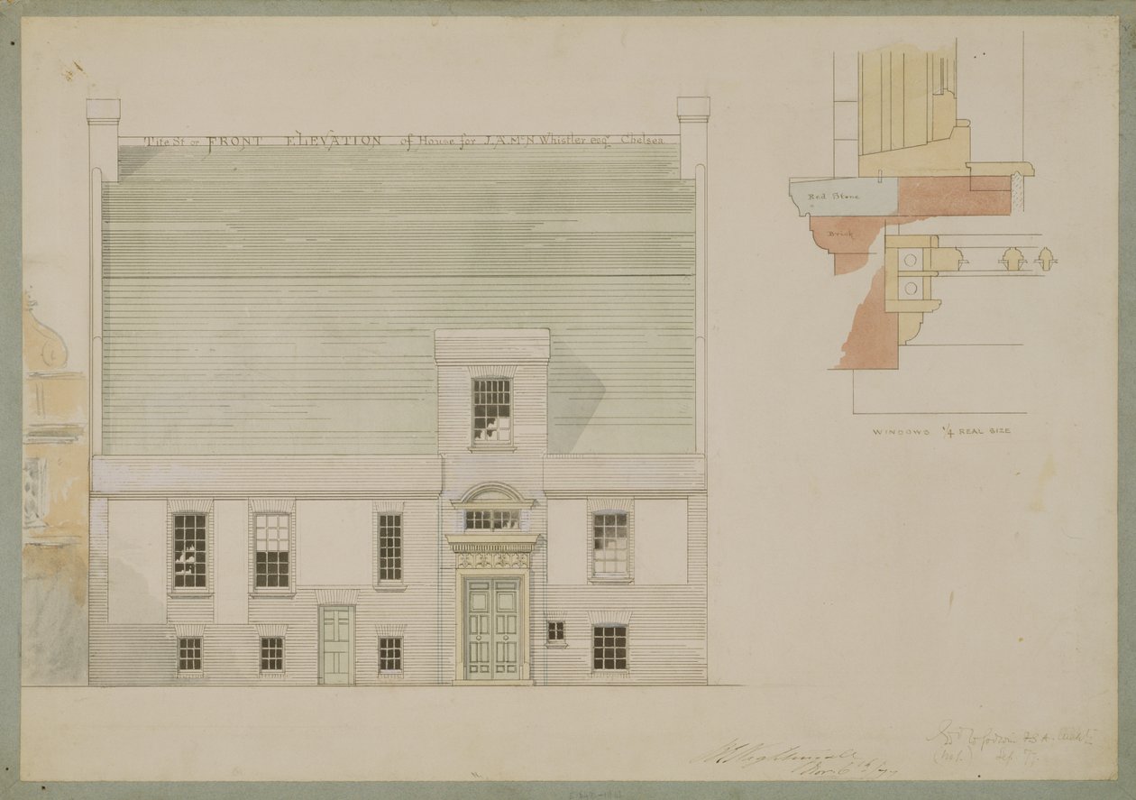 Elewacja frontowa domu dla J.A.M. Whistler Esq, Tite Street, Chelsea, 1877 (pióro i atrament i toaleta na papierze) (patrz także 176476) autorstwa Edward William Godwin
