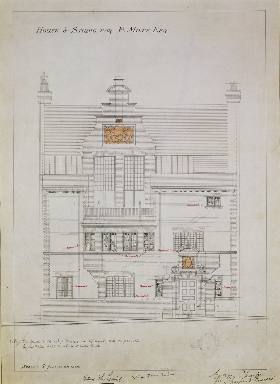 Rysunek roboczy dla House and Studio dla F. Miles Esq, Tite Street, Chelsea, 1878-79 (wc i ołówek na papierze) (patrz także 176481, 176483-485) autorstwa Edward William Godwin