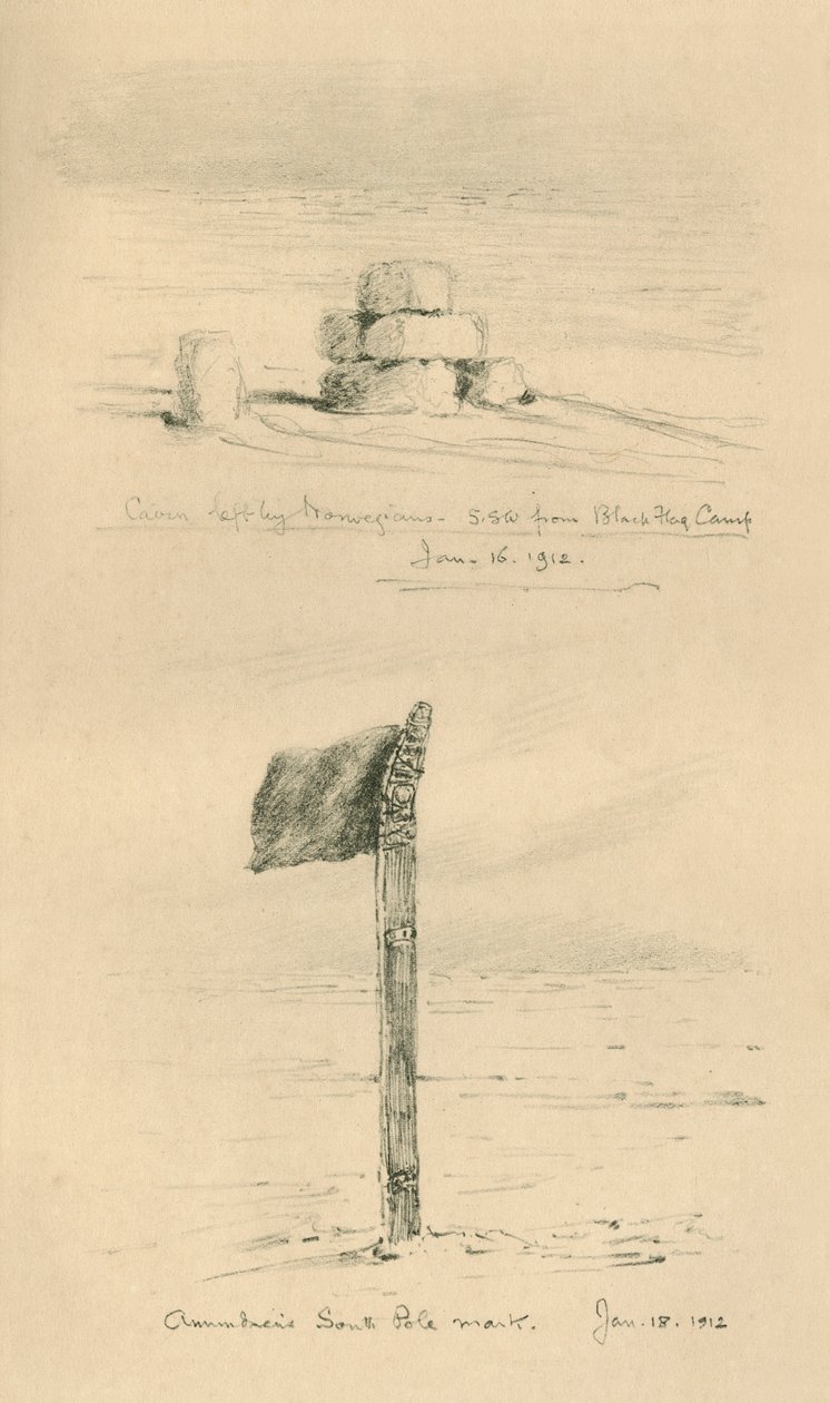 Cairn pozostawiony przez Norwegów i Amundsens South Pole Mark, styczeń 1912, 1913. autorstwa Charles Edward Wilson