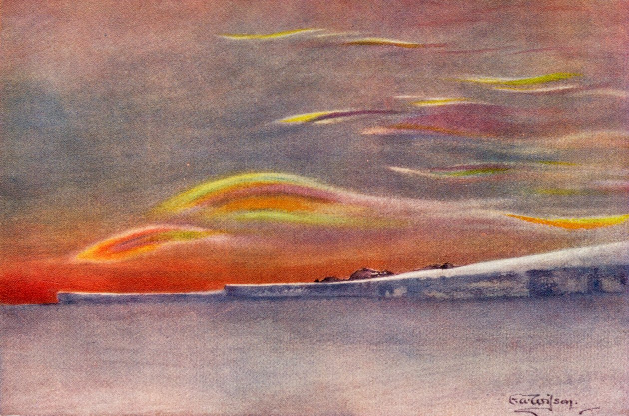 Opalizujące chmury: patrząc na północ od Cape Evans, 1911, 1913 autorstwa Charles Edward Wilson