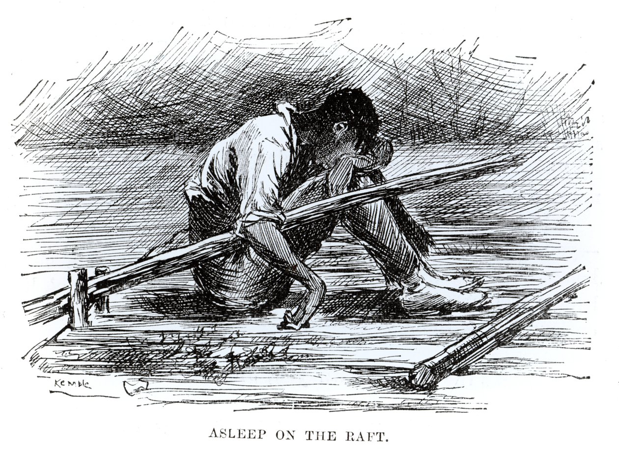 Śpiący na tratwie, ilustracja z „Przygody Huckleberry Finn”, Marka Twaina (1835-1910) 1884 (rycina) (zdjęcie czarno-białe) autorstwa Edward Windsor Kemble