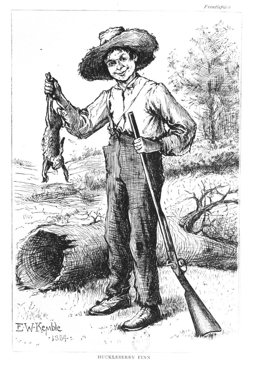 Frontyspis do „Przygód Huckleberry Finn” Marka Twaina (1835-1910) 1884 autorstwa Edward Windsor Kemble