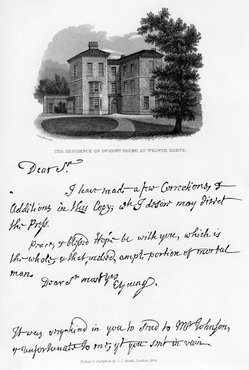List od Edwarda Younga i widok jego rezydencji w Welwyn, Hertfordshire, 1740, 1840 autorstwa Edward Young
