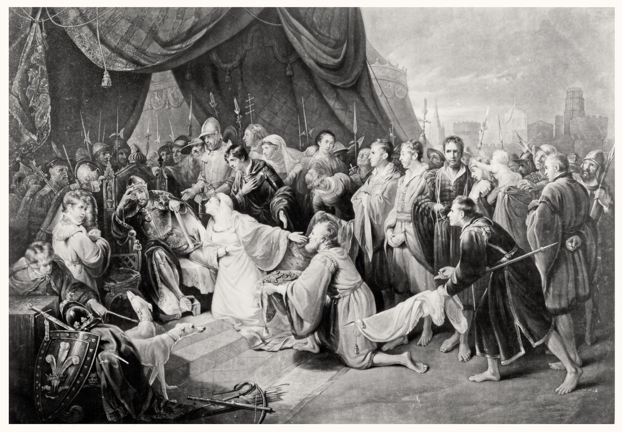 Poddanie się Calais, 4 sierpnia 1347, rytowane przez Johna Younga autorstwa Edward after Bird