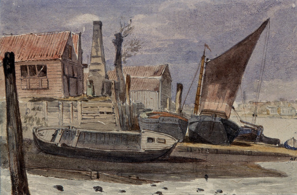 Battersea, brzeg rzeki z łodziami autorstwa Edward attr. to Bragg