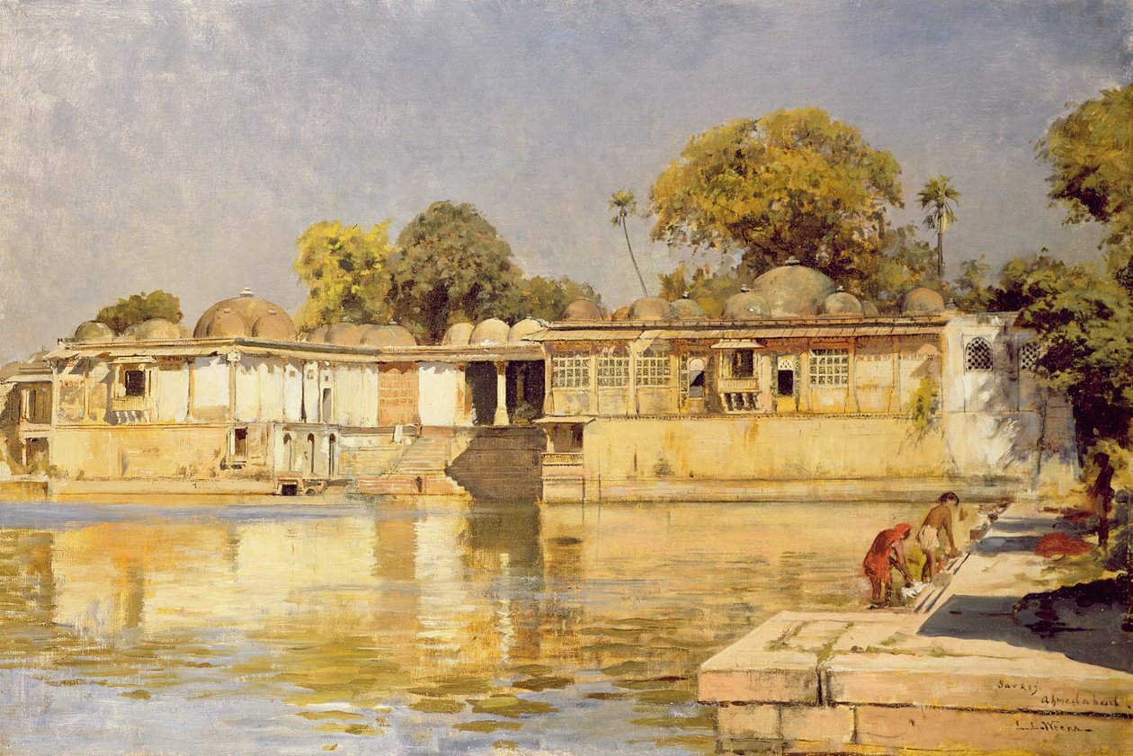 Pałac i jezioro w Sarkeh, niedaleko Ahmadabad, Indie, ok. 1882–83 autorstwa Edwin Lord Weeks