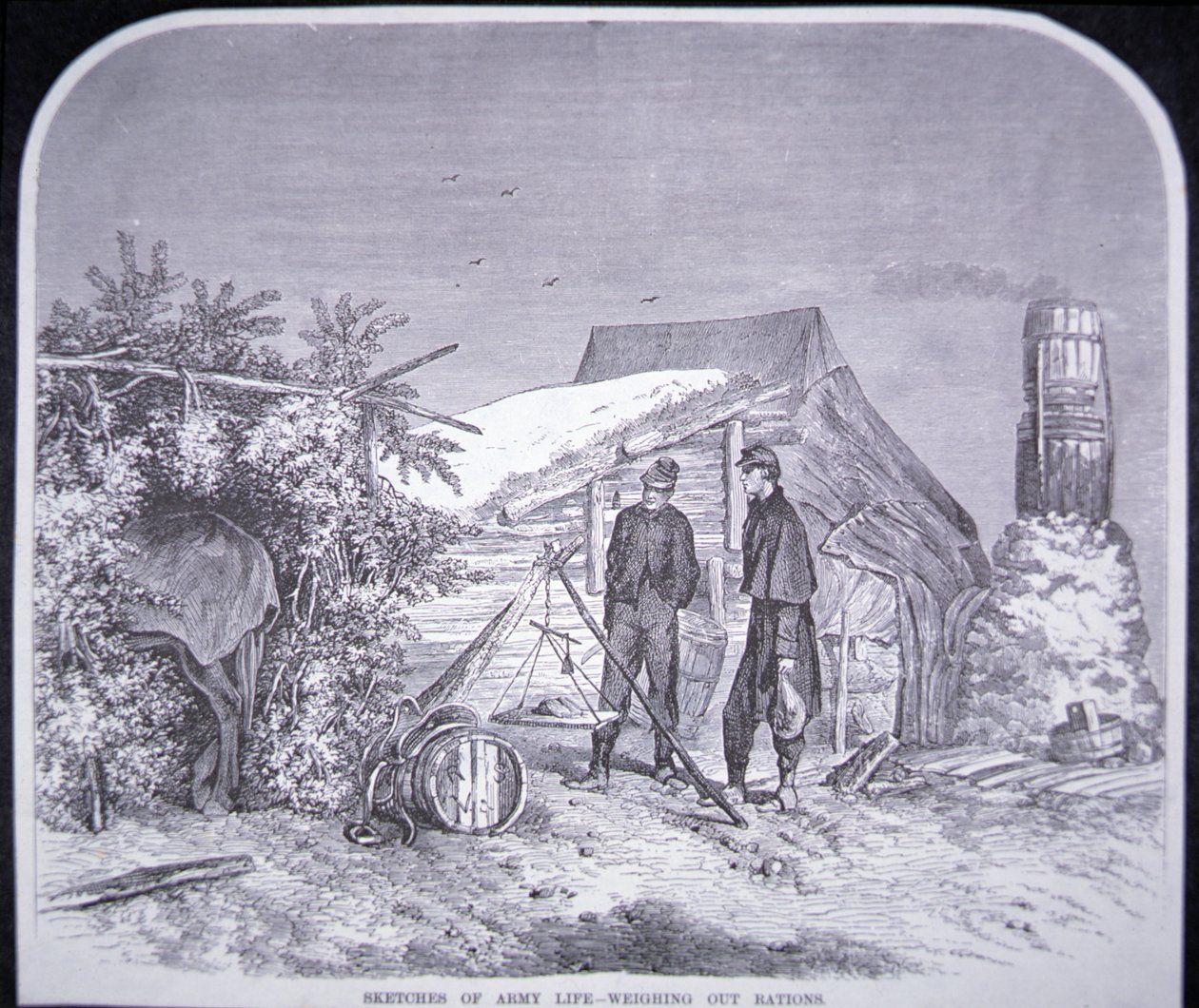 Szkice z życia wojska – ważenie racji żywnościowych, z „Ilustrowanej gazety Franka Leslie”, 7 maja 1864 r. (rycina) autorstwa Edwin Austin (after) Forbes