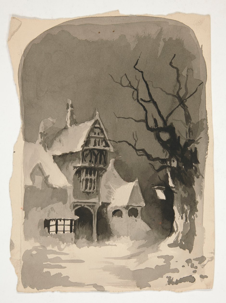 Scena zimowa: Dom w śniegu (recto); Różne badania figur (verso) autorstwa Edwin Austin Abbey