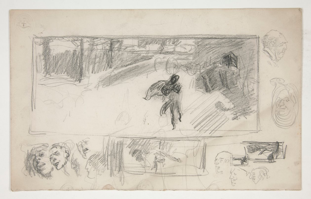 Różne szkice (recto); Szkic mężczyzny w pelerynie (verso) autorstwa Edwin Austin Abbey