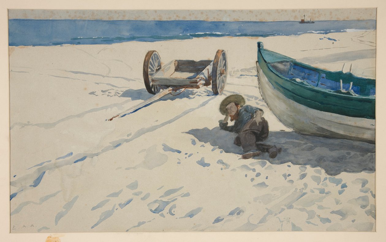 Scena na plaży z mężczyzną odpoczywającym w cieniu łodzi autorstwa Edwin Austin Abbey