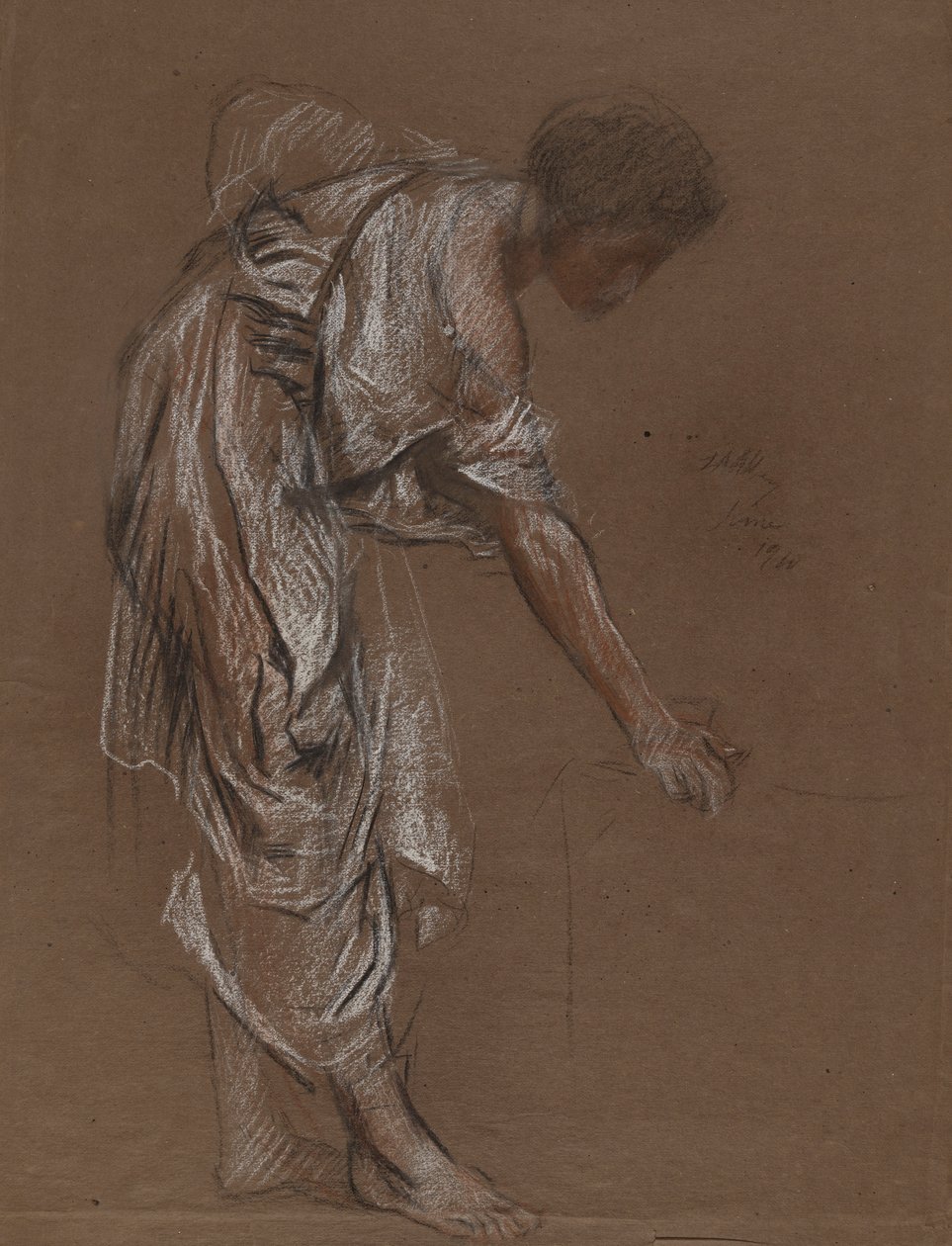 Pochylająca się kobieta w klasycznej sukience - studium dla autorstwa Edwin Austin Abbey