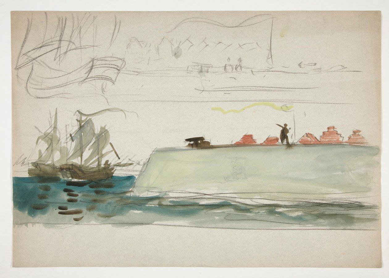 Łodzie na morzu: pierwszy plan pancernika, żaglówka w oddali - (niezidentyfikowana ilustracja) autorstwa Edwin Austin Abbey