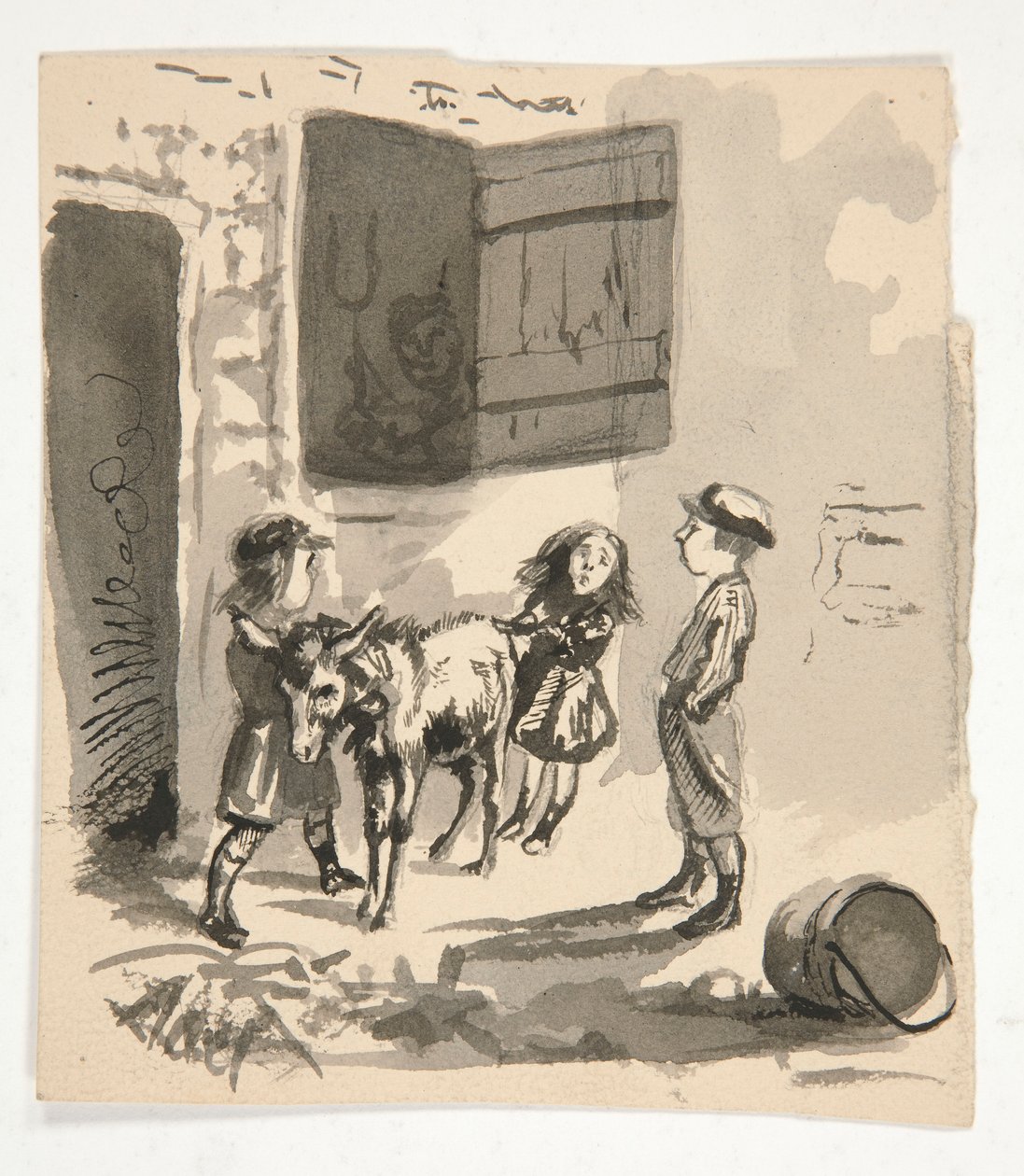 Dzieci z osłem (recto); Niezidentyfikowana ilustracja kataryniarza (verso) autorstwa Edwin Austin Abbey