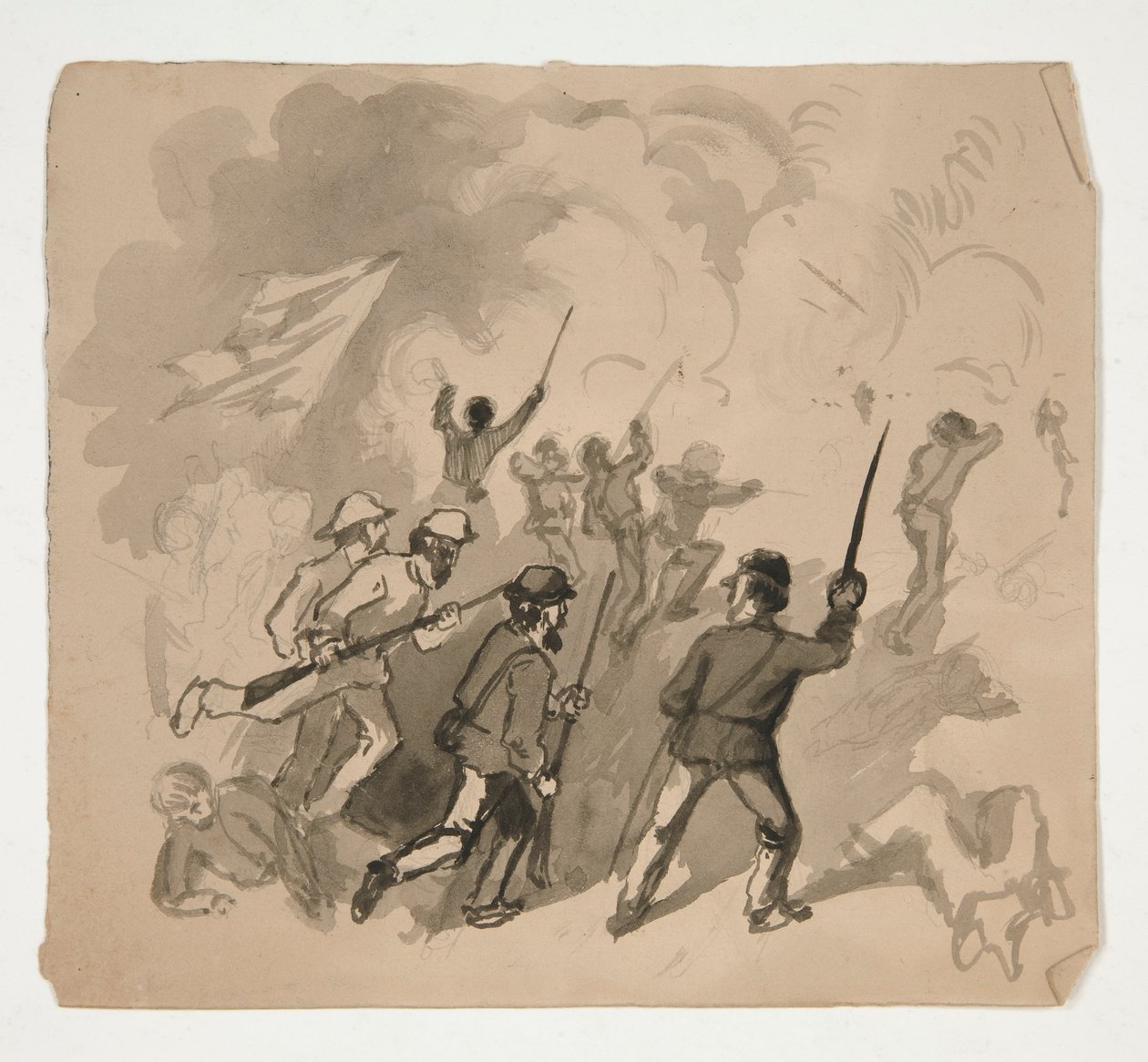 scena bitwy z wojny secesyjnej (recto); Niezidentyfikowana ilustracja mężczyzny w lesie (verso) autorstwa Edwin Austin Abbey