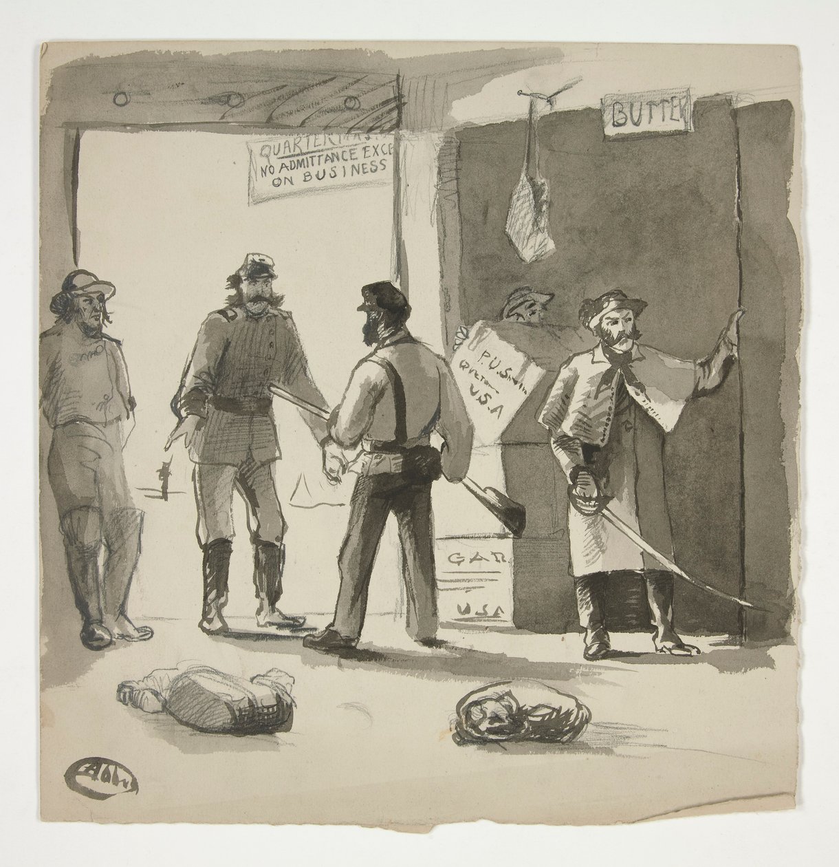 szkic wojny domowej (recto); Mężczyzna oglądający obraz (verso) autorstwa Edwin Austin Abbey