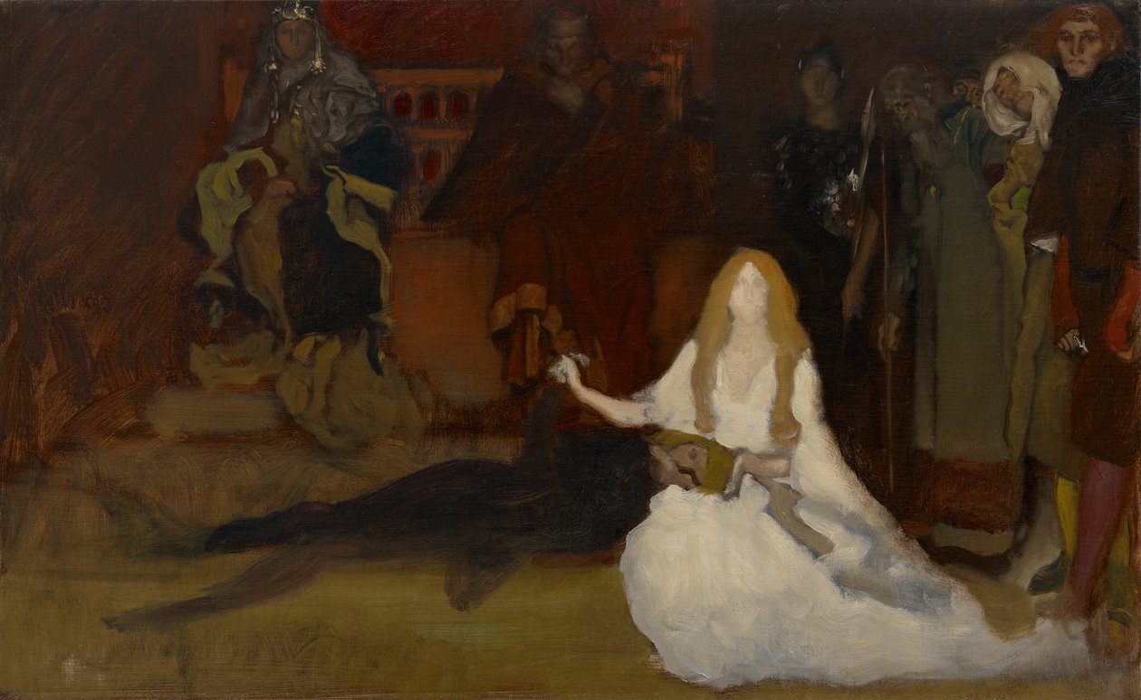 Studium kompozytorskie do Sceny zabawowej w Hamlecie, akt III, scena II autorstwa Edwin Austin Abbey