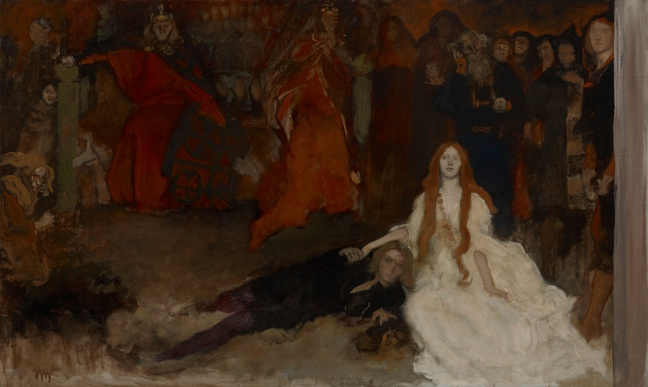 Studium kompozytorskie do Sceny zabawowej w Hamlecie, akt III, scena II autorstwa Edwin Austin Abbey