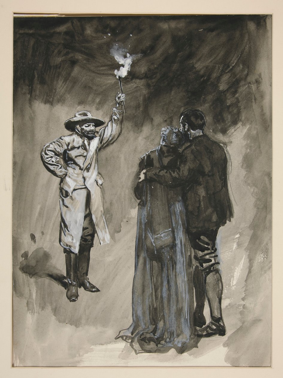 Para skonfrontowana na ulicy przez mężczyznę trzymającego pochodnię - niezidentyfikowana ilustracja autorstwa Edwin Austin Abbey