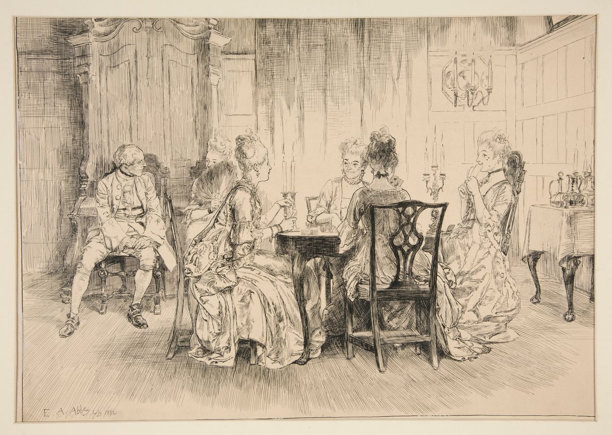 Scena jadalna - ilustracja dla Austina Dobsona autorstwa Edwin Austin Abbey