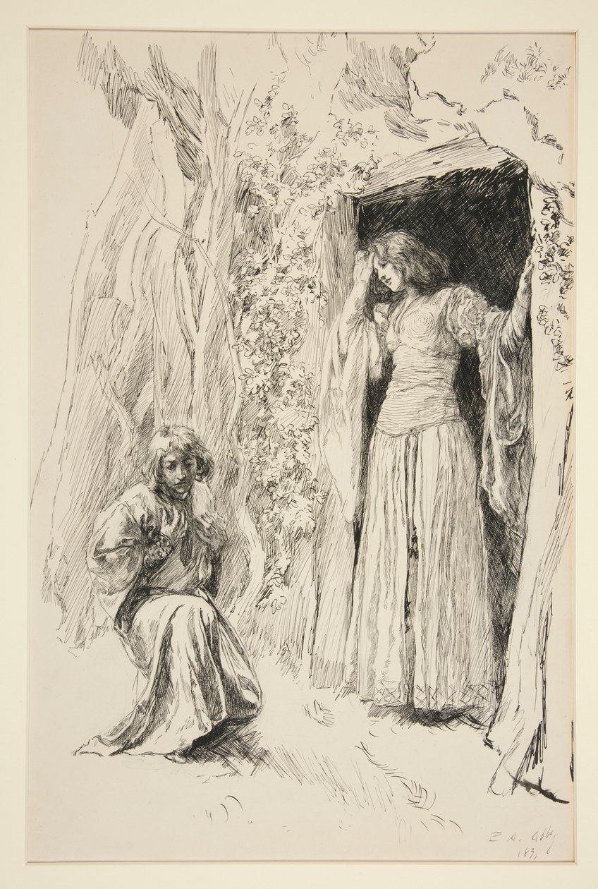Ferdynand spotyka Mirandę, ilustracja do aktu III, scena I, Burza autorstwa Edwin Austin Abbey