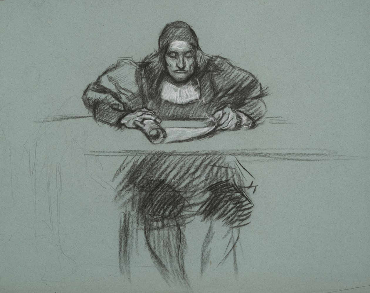 Figurka do Procesu Królowej Katarzyny. recepcjonista w recepcji autorstwa Edwin Austin Abbey
