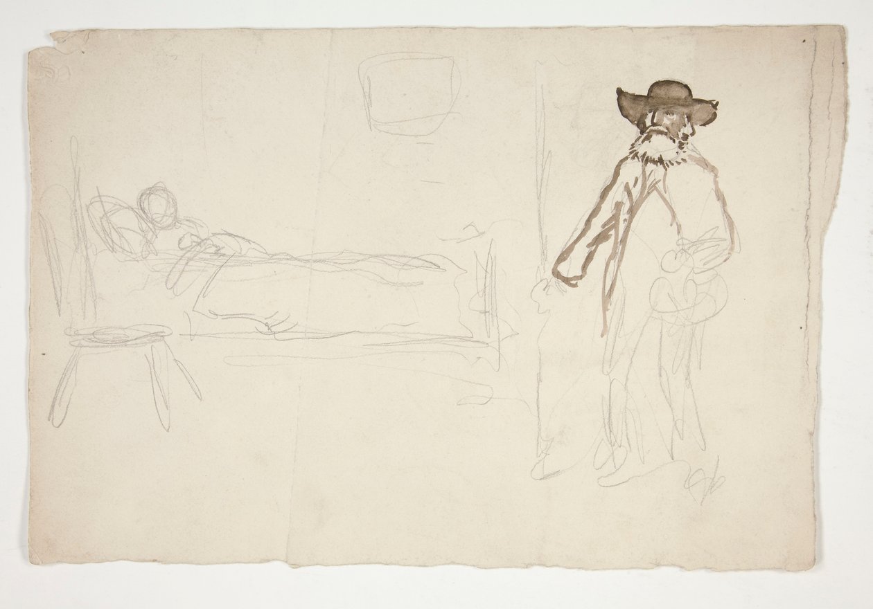 Postać w łóżku, mężczyzna wchodzący do pokoju - niezidentyfikowana ilustracja autorstwa Edwin Austin Abbey