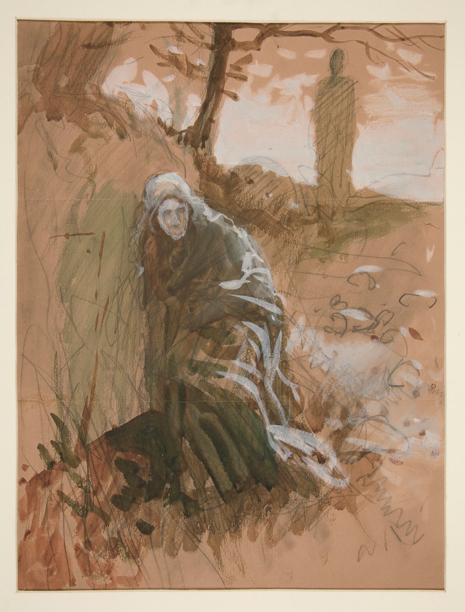 Postać w lesie - niezidentyfikowana ilustracja autorstwa Edwin Austin Abbey