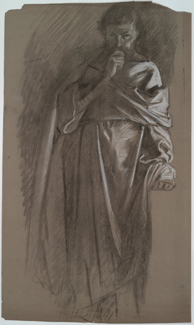 Studium postaci, mężczyzna trzymający suknię autorstwa Edwin Austin Abbey
