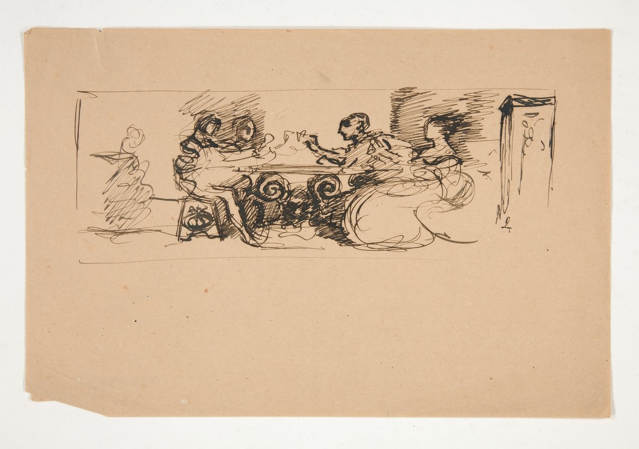 Figurki przy stole - niezidentyfikowana ilustracja autorstwa Edwin Austin Abbey