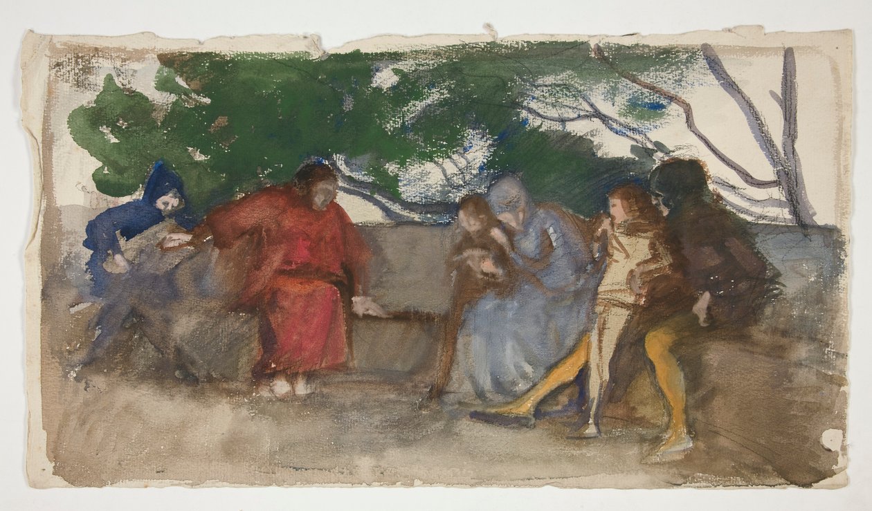 Postacie siedzące na ławce na świeżym powietrzu autorstwa Edwin Austin Abbey