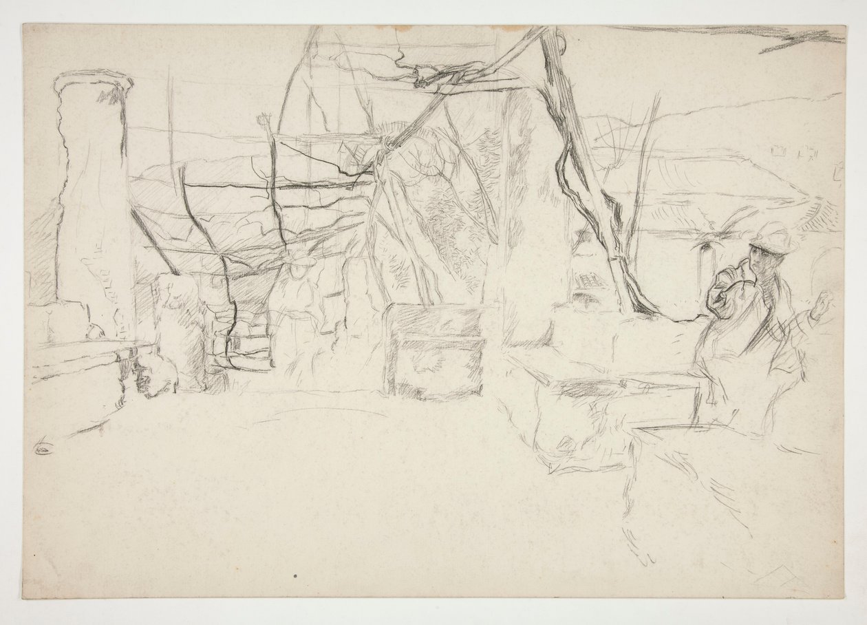 Postacie spacerujące wśród starych ruin(?) - (niezidentyfikowana ilustracja) autorstwa Edwin Austin Abbey