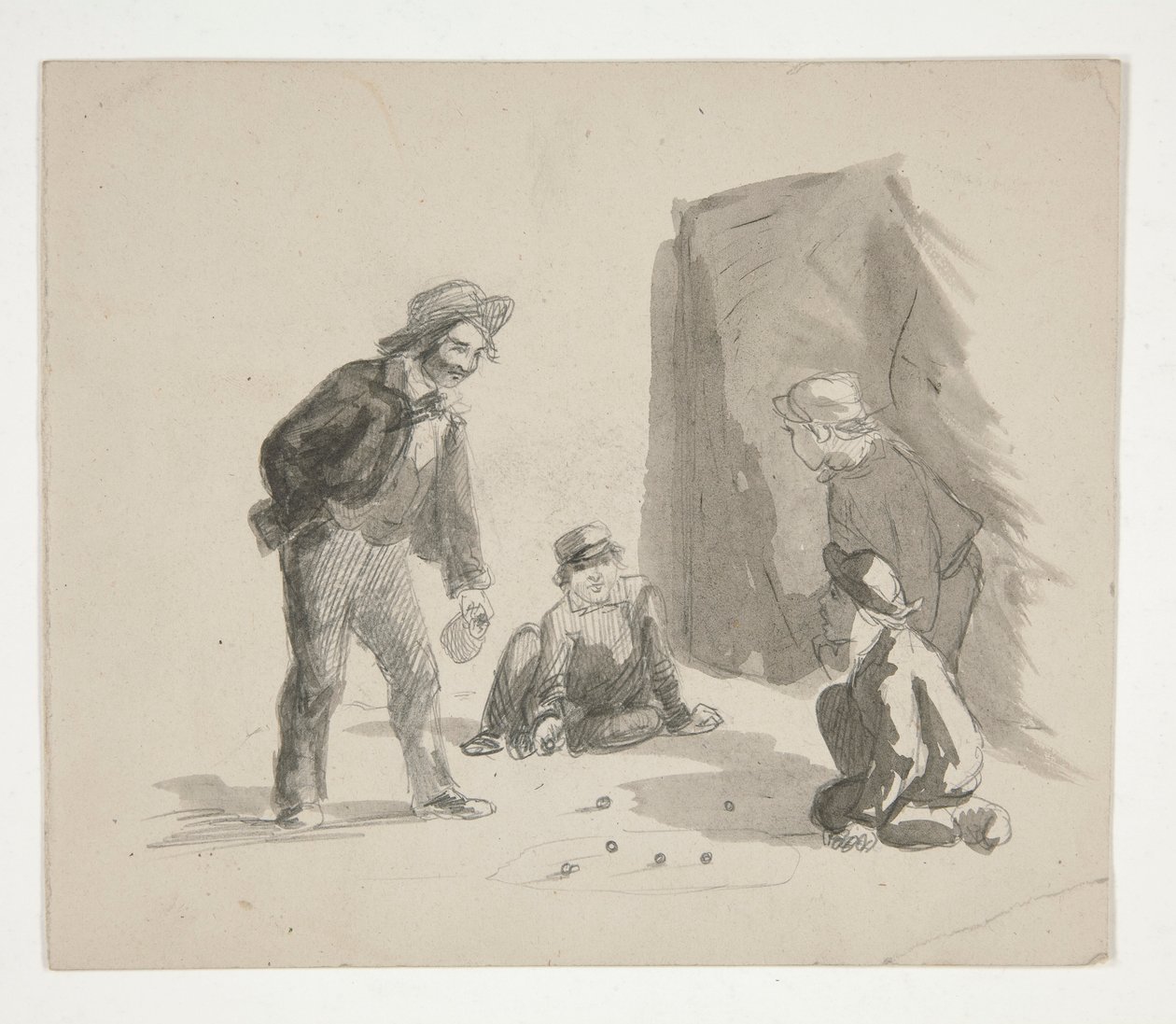 Czterech chłopców grających w kulki (recto); Niezidentyfikowana ilustracja chłopca przy sztalugach we wnętrzu (verso) autorstwa Edwin Austin Abbey