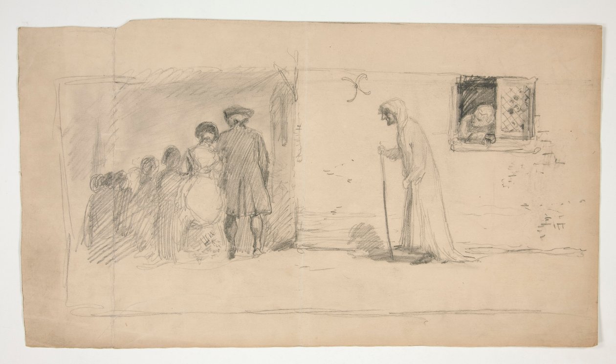 Grupa postaci poza kamiennym domem - niezidentyfikowana ilustracja autorstwa Edwin Austin Abbey