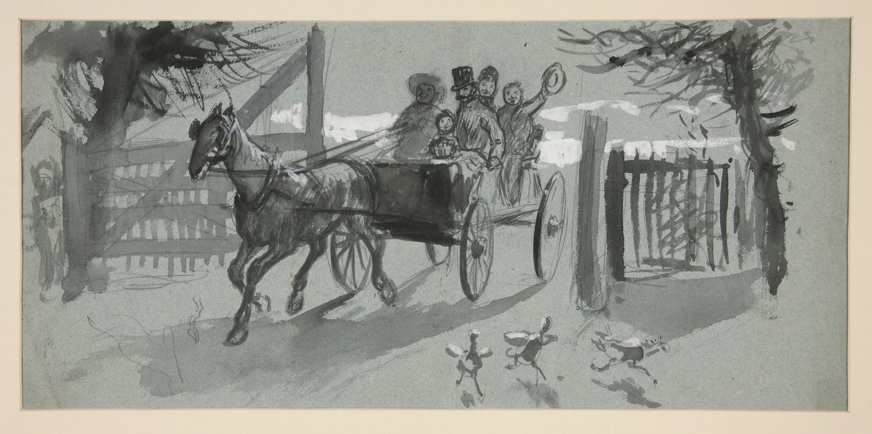 Grupa ludzi w otwartym koszyku - (niezidentyfikowana ilustracja) autorstwa Edwin Austin Abbey