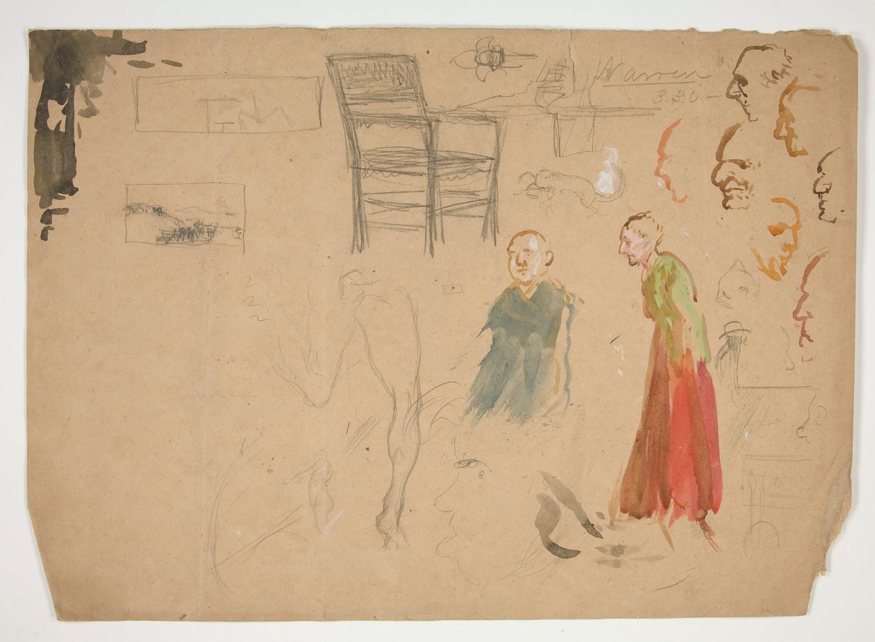 Studia głowy i figury oraz Studium katedry (recto); Szkice do ilustracji książkowych (verso) autorstwa Edwin Austin Abbey