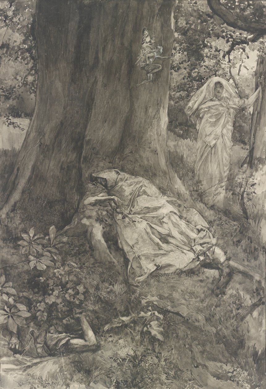 Hermia w lesie, ilustracja do aktu III, scena II, Noc świętojańska autorstwa Edwin Austin Abbey