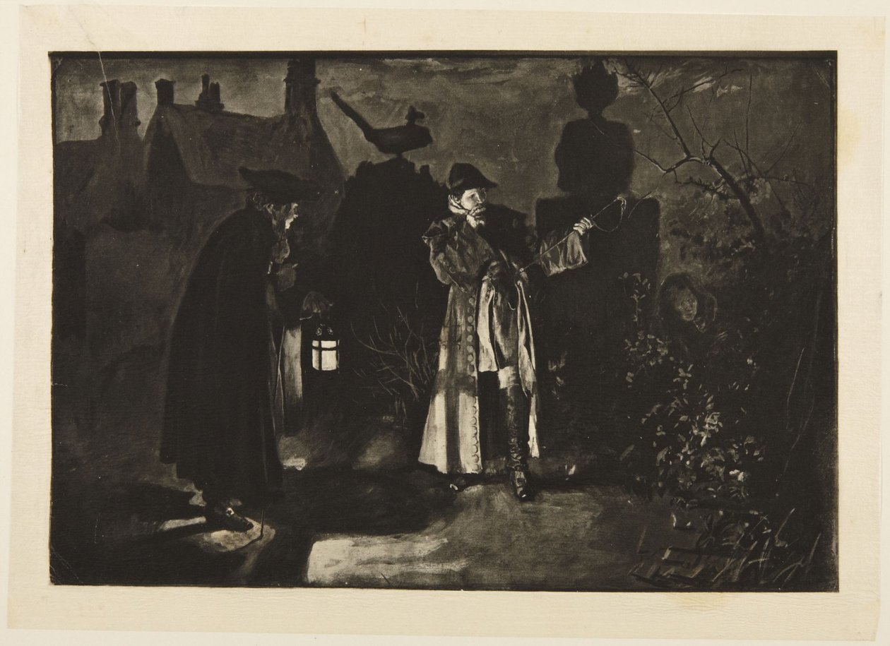 Ilustracja do „She Stoops to Conquer” Goldsmitha: „Mylę się albo słyszałem głosy” autorstwa Edwin Austin Abbey