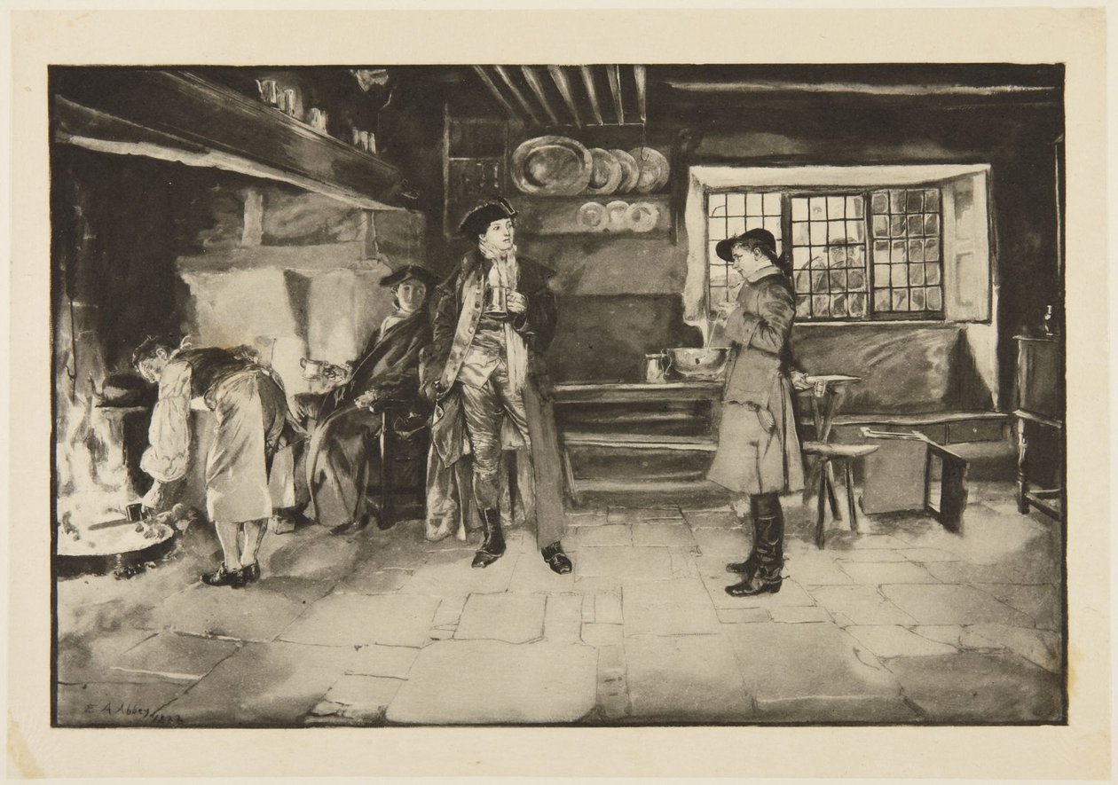 Ilustracja do She Stoops to Conquer Goldsmitha: „Bez obrazy, ale pytanie za pytanie jest całkiem fair, wie pan” autorstwa Edwin Austin Abbey