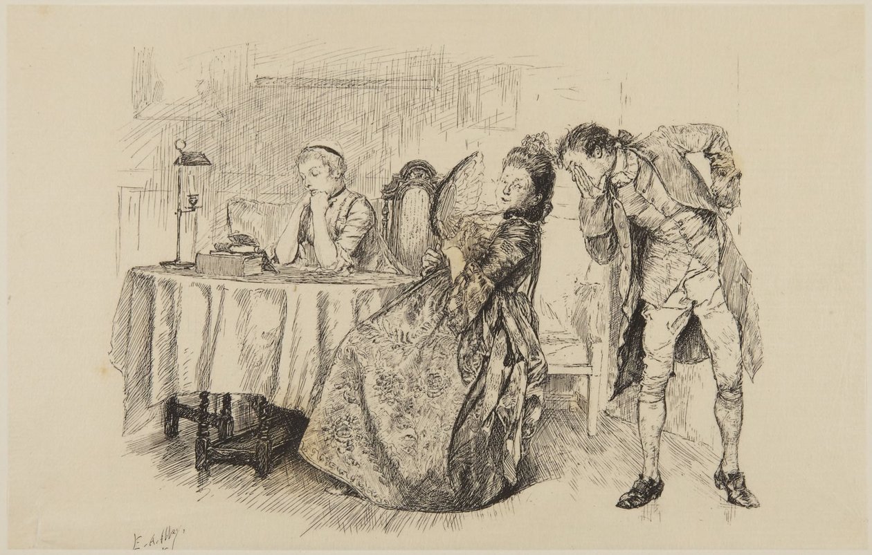Ilustracja do She Stoops to Conquer Goldsmitha: „Dlaczego więc nie powiesz jej tego od razu?” autorstwa Edwin Austin Abbey