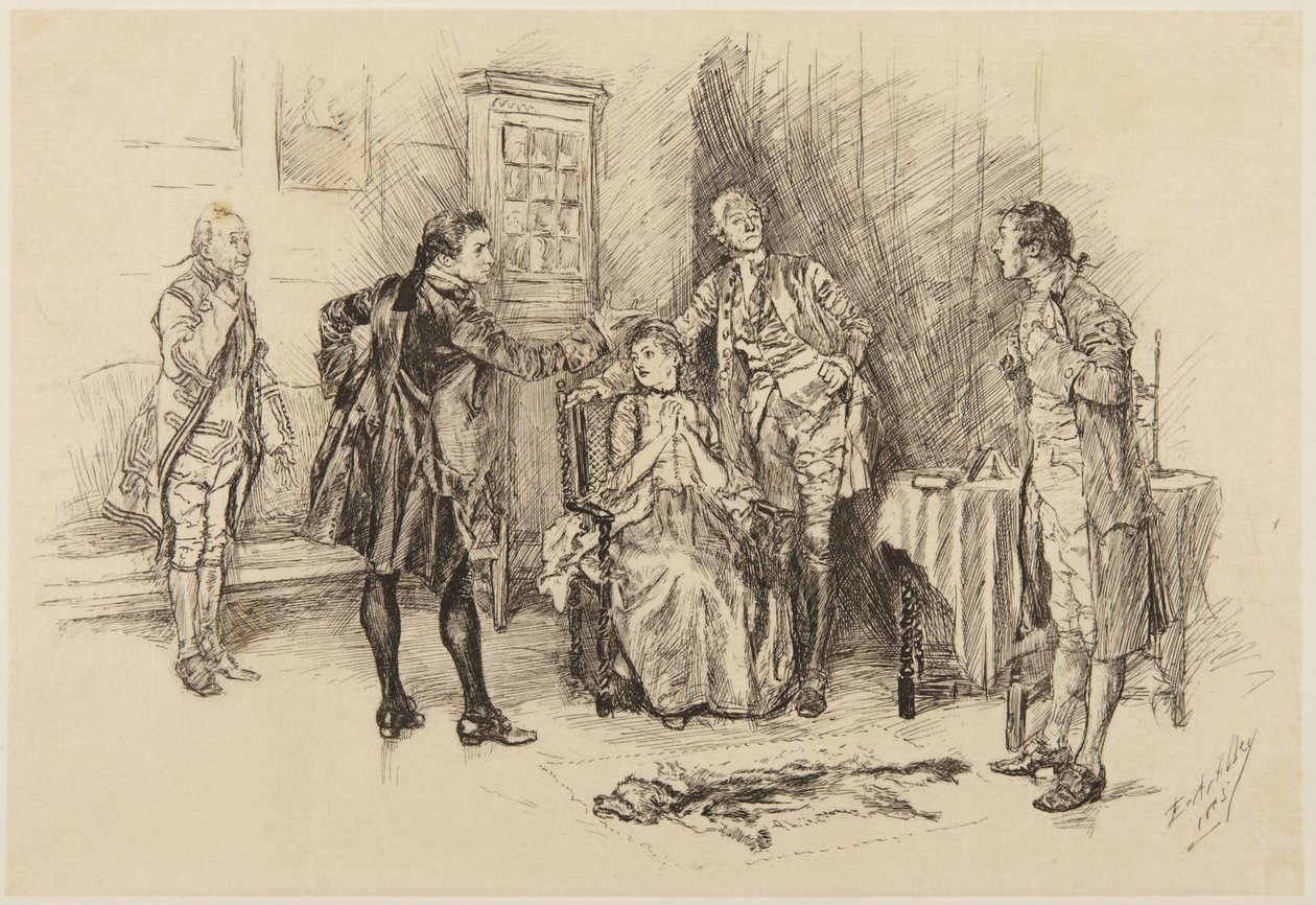 Ilustracja do sztuki Goldsmitha „She Stoops to Conquer”: „Czy dobrze postąpił pan, pomagając w tym, bym wyszła na śmieszną” autorstwa Edwin Austin Abbey