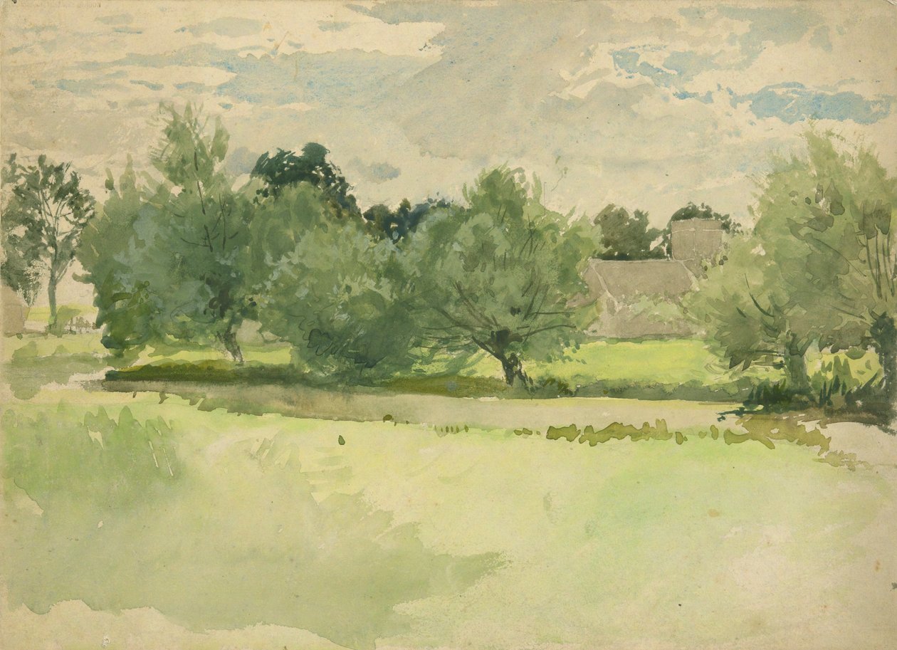 Krajobraz: Łąka. Kościół w tle autorstwa Edwin Austin Abbey
