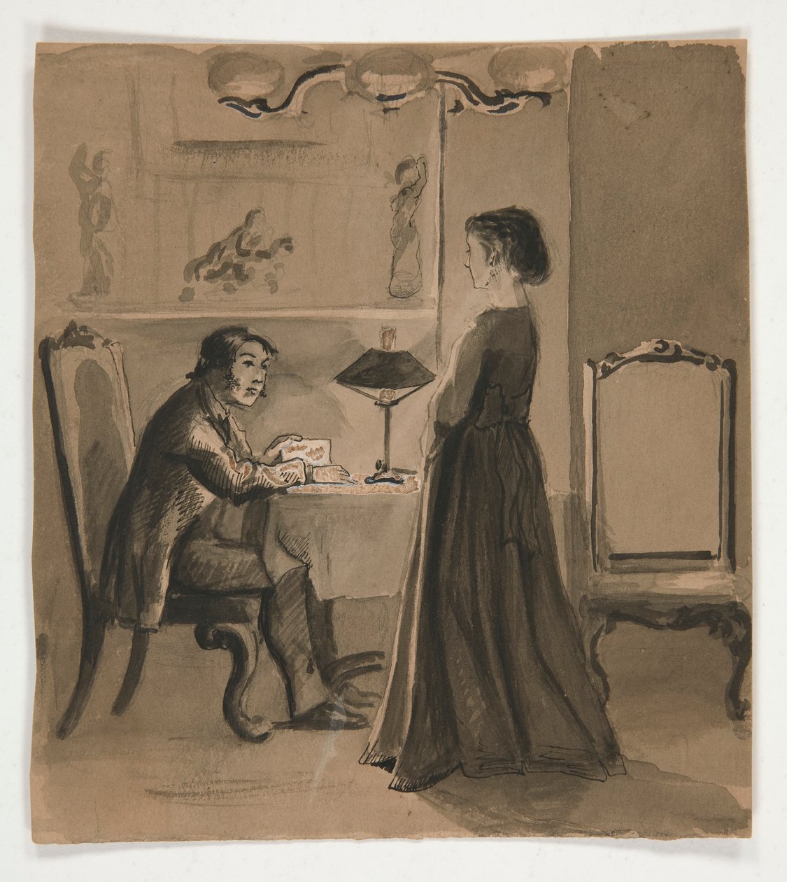 Mężczyzna i kobieta we wnętrzu - niezidentyfikowana ilustracja autorstwa Edwin Austin Abbey