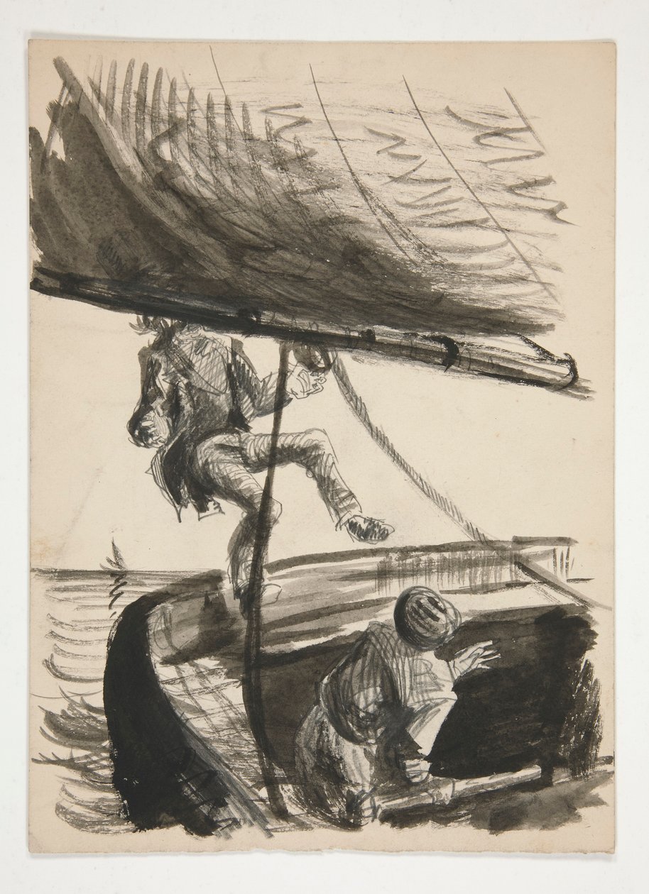 Człowiek wyrzucony za burtę przez bom żaglówki (recto); Niezidentyfikowana ilustracja chłopca świecącego mężczyzny autorstwa Edwin Austin Abbey