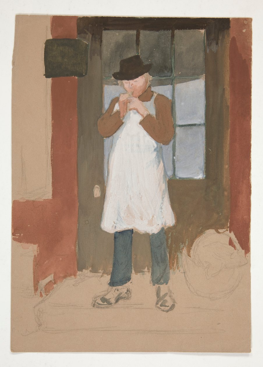 Mężczyzna zapala fajkę w drzwiach - niezidentyfikowana ilustracja autorstwa Edwin Austin Abbey