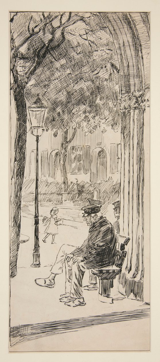 Mężczyzna na ławce w parku - niezidentyfikowana ilustracja autorstwa Edwin Austin Abbey