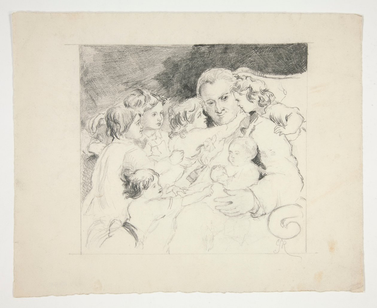 Mężczyzna z dziećmi wokół niego - niezidentyfikowana ilustracja autorstwa Edwin Austin Abbey