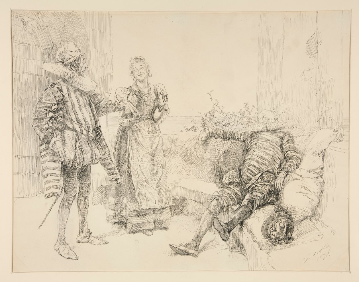 Maria, Sir Andrew i Toby, ilustracja do Aktu I, Scena III, Wieczór Trzech Króli autorstwa Edwin Austin Abbey