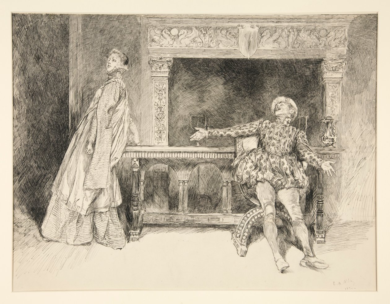 Petruchio przekomarzanie się Katharina, z aktu II, scena I, Poskromienie złośnicy autorstwa Edwin Austin Abbey