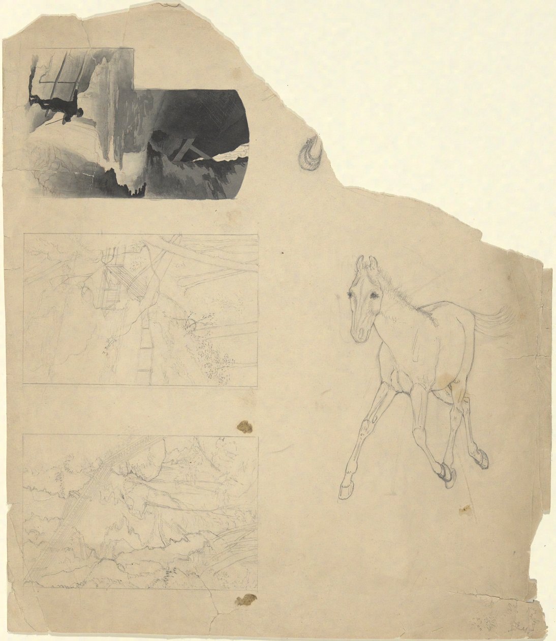 Arkusz studiów, trzy wodospadu, jeden źrebaka. autorstwa Edwin Austin Abbey